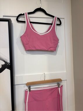 Pink Contrast-Trim Sports Bra, Shorts, and Leggings